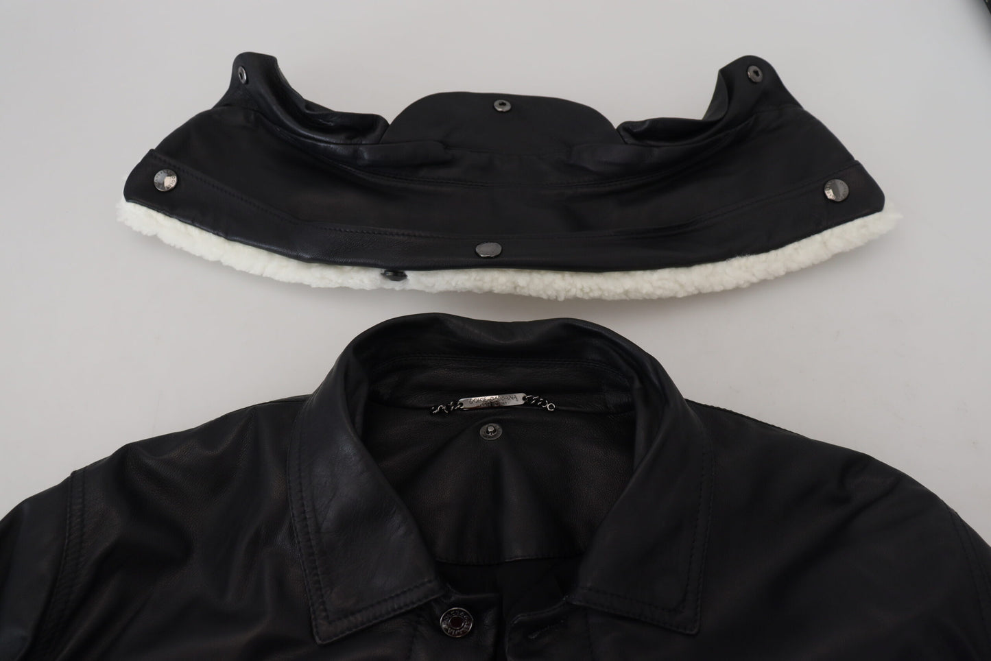 Dolce & Gabbana Black Lamb Leather Collared Men Coat Jacket