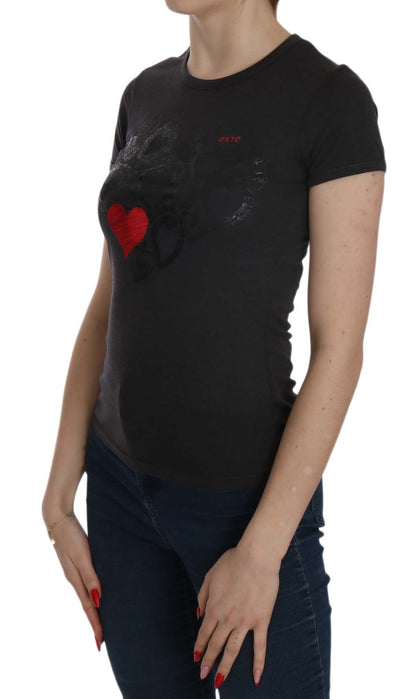Exte Black Hearts Print Short Sleeve Casual Shirt Top