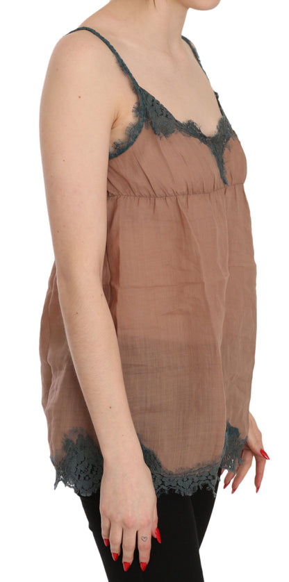 PINK MEMORIES Brown Lace Spaghetti Strap Tank Top Blouse