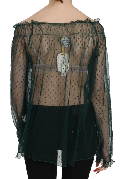 PINK MEMORIES Green Mesh See Through Long Sleeve Top Blouse