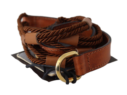 Scervino Street Brown Leather Braided Rope Gold Buckle  Belt