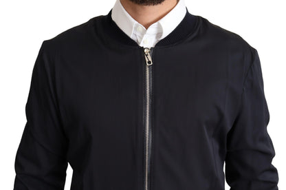 Dolce & Gabbana Blue Silk Coat Short Bomber Men Jacket