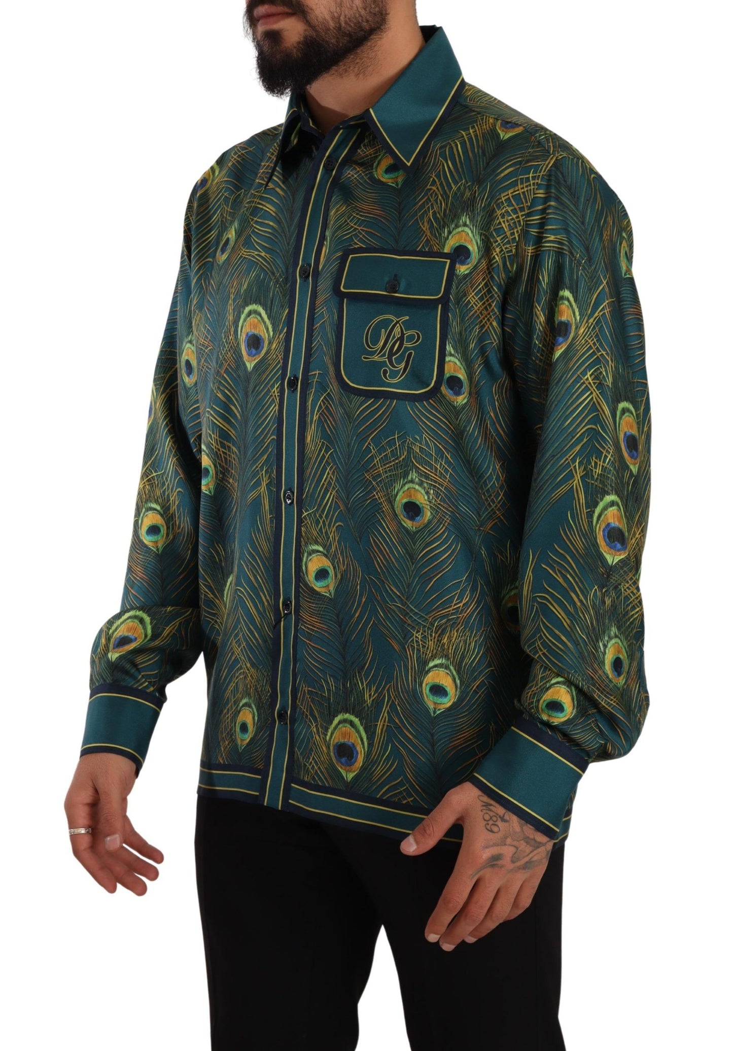 Dolce & Gabbana Peacock Feather Print Silk Pajama Mens Shirt