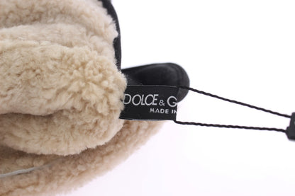 Dolce & Gabbana Gray Wool Shearling Studded Green Leopard Gloves
