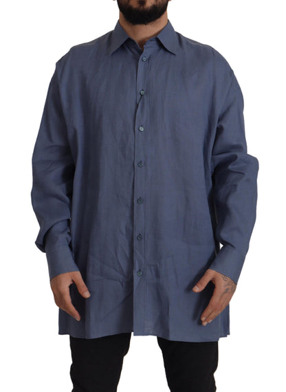 Dolce & Gabbana Dark Blue Linen Slim Fit Dress Formal Men Shirt
