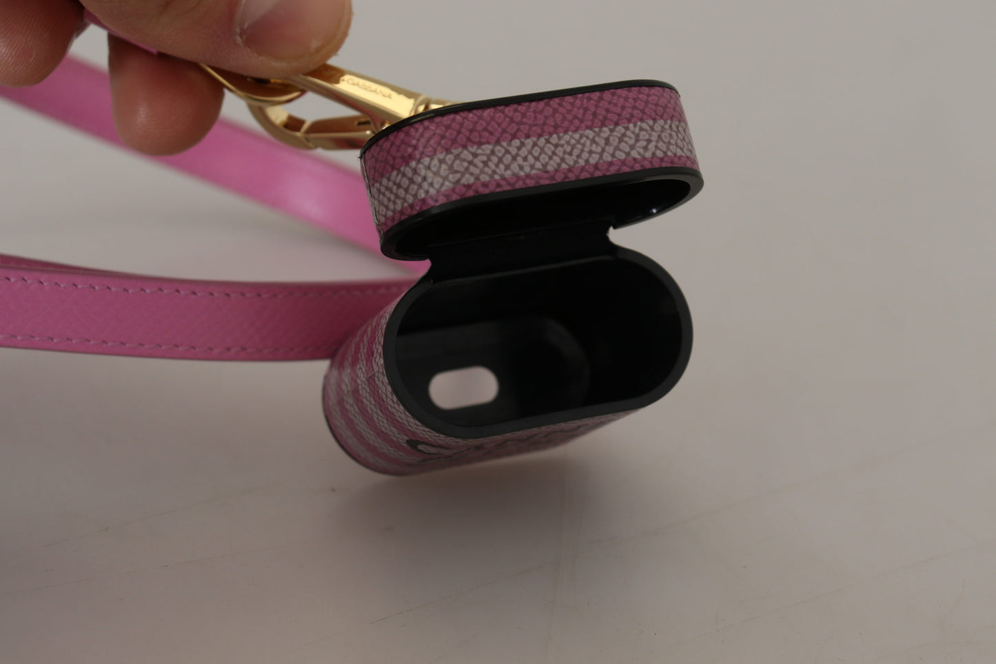 Dolce & Gabbana Pink Black Leather Strap Gold Metal Logo Airpods Case