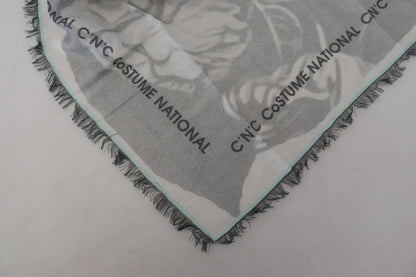 Costume National Gray Print Shawl Foulard Fringes Scarf
