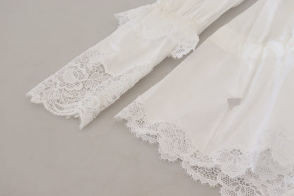 Dolce & Gabbana White Cotton Lace Trim Turtle Neck Blouse Top